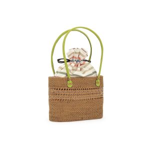 SOUBIEN バッグ 浴衣 かごバッグ 夏 un deux（アンドゥ） 緑 グリーン 茶色 籬 縞 ボーダー アタ 伝統工芸品 手編み 巾着バッグ 送料無料